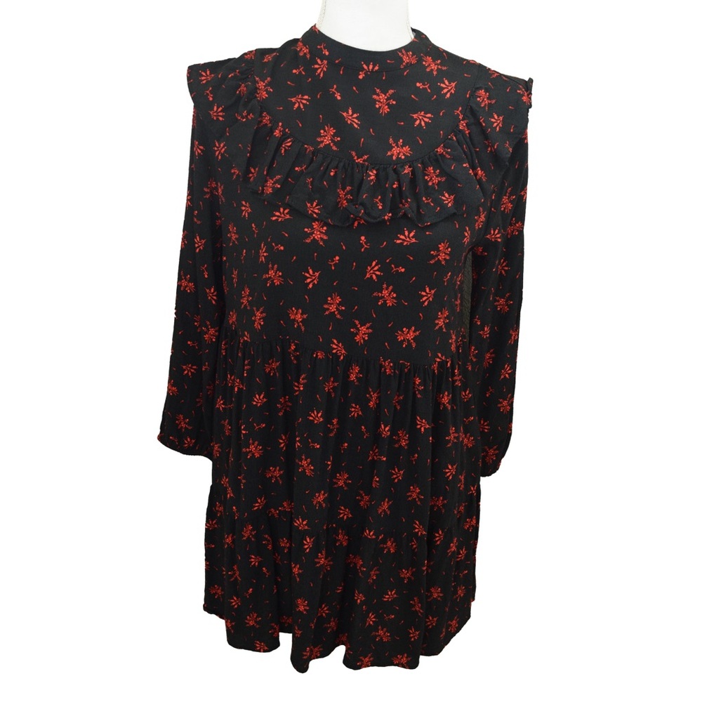 ZARA S Black Red Floral Print Ruffle High Neck Long Sleeve A-Line Mini Dress